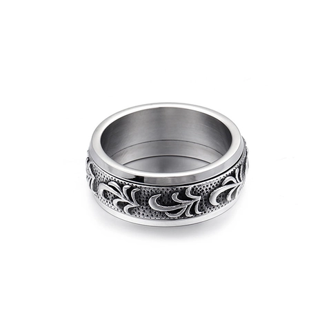 Bague Pour Hommes En Acier Au Titane Vintage Motif De Vigne Gravé Rotative Spinner Band Bijoux Punk Gothique