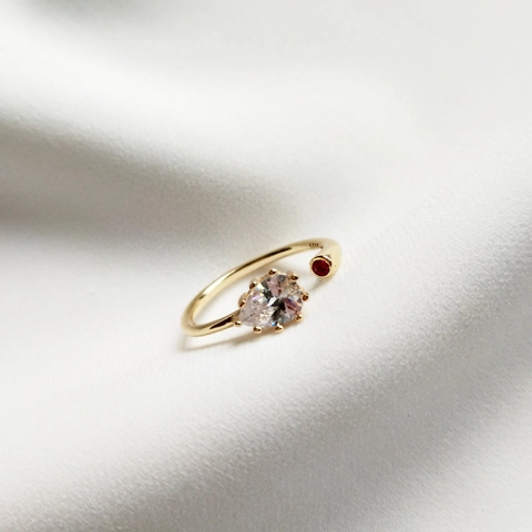Wasser Tropfen Zirkonia Verstellbarer Offener Ring 925 Sterlingsilber Vergoldet Minimalistisches Roter Stein Dekor Für Damen