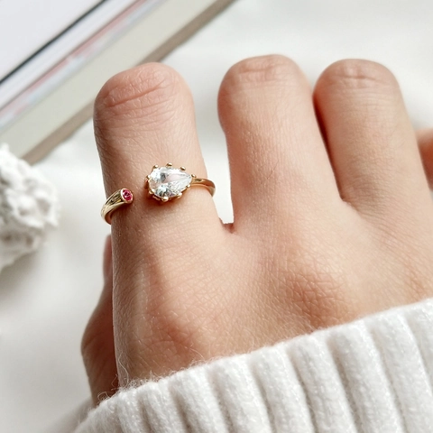 Wasser Tropfen Zirkonia Verstellbarer Offener Ring 925 Sterlingsilber Vergoldet Minimalistisches Roter Stein Dekor Für Damen