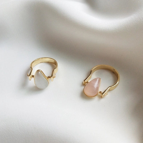 Ring 925 Sterling Silber 18k Vergoldet Wassertropfen Katzenauge Stein Rosenquarz Verstellbare Öffnung Französisch Für Frauen