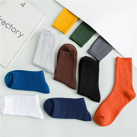 Herren Crew Socken Gekämmte Baumwolle Rippstrick Einfarbig Atmungsaktiv Lässig Mittelhoch