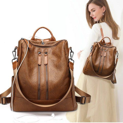 Women Fashion Backpack Soft PU Leather Anti-Theft Multi-Pocket Korean Casual Travel Bag With Earphone Hole