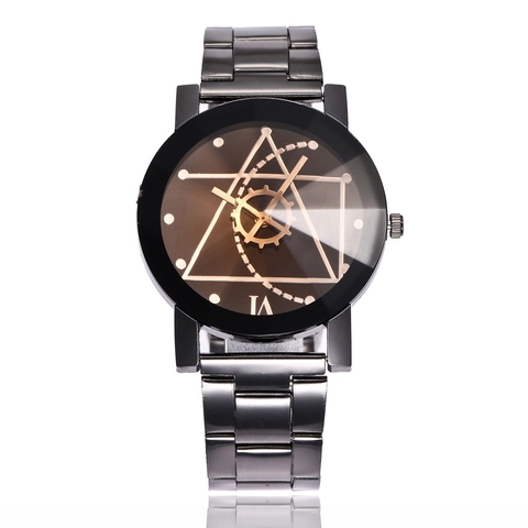 Fashion Quartz Watch With Stainless Steel Strap Compass Gear Dial Geometric Design British Style Unisex Wristwatch