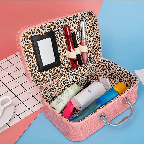 Portable Makeup Bag PU Leather Crocodile Pattern Cosmetic Case With Mirror Metal Handle Square Travel Storage For Women