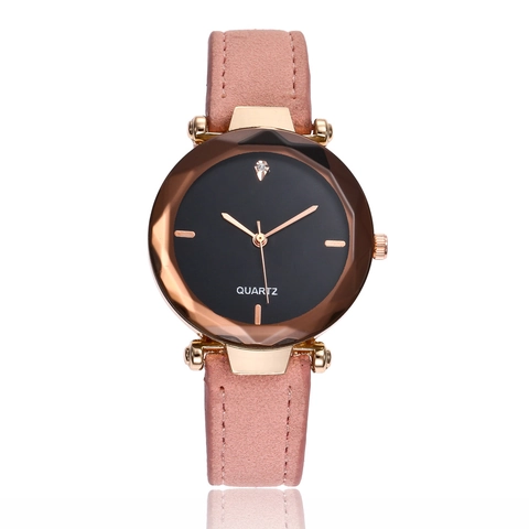 Fashion Women Quartz Watch Minimalist Dial Rhombic Faceted Glass Mirror Alloy Case PU Leather Strap Ladies Wristwatch