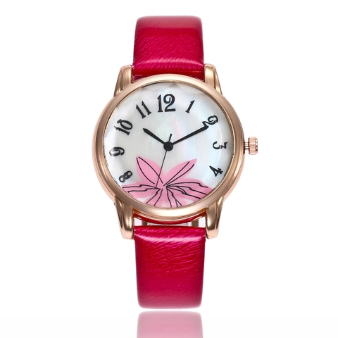 Fashion Women Quartz Watch Floral Printed Dial Alloy Case PU Leather Strap Elegant Ladies Wristwatch Round