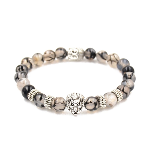 Beaded Bracelet Dragon Vein Agate With Lion Head And Buddha Charm Retro Ethnic Men Jewelry Elastic
