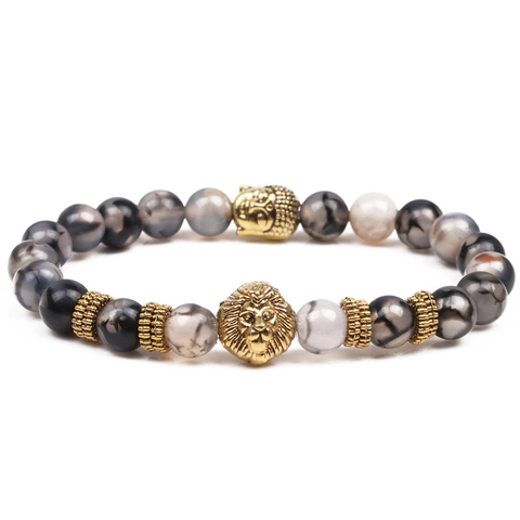 Beaded Bracelet Dragon Vein Agate With Lion Head And Buddha Charm Retro Ethnic Men Jewelry Elastic
