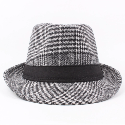 Heren Fedora Hoed Vintage Houndstooth Plaid Wollen Stijl Jazz Cap Met Lint Band Warm Britse Stijl Voor Oudere Mannen