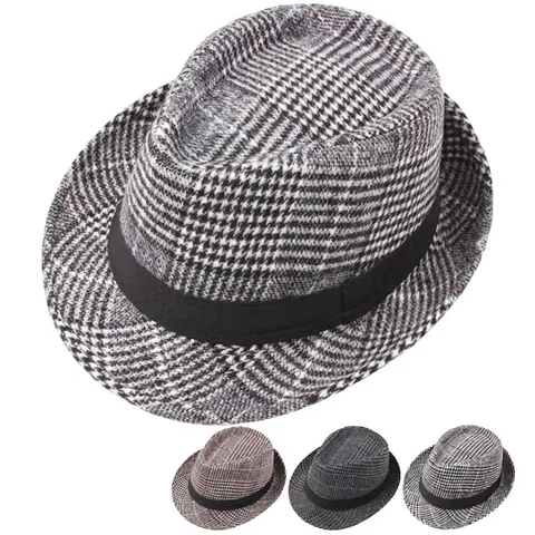 Heren Fedora Hoed Vintage Houndstooth Plaid Wollen Stijl Jazz Cap Met Lint Band Warm Britse Stijl Voor Oudere Mannen