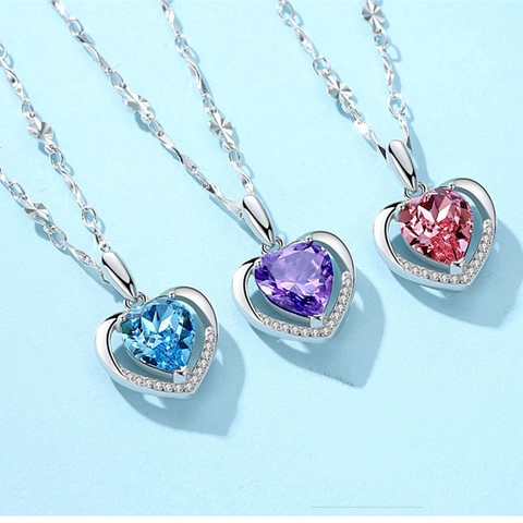 Collana Con Pendente A Cuore In Rame Placcato Oro Bianco Zircone Blu Elegante Gioiello Di Moda Romantica Per Donna