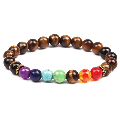 Bracciale Perline Chakra Pietra Naturale Lava Vulcanica Occhio Di Tigre Elastico Yoga Energia Guarigione Equilibrio Unisex