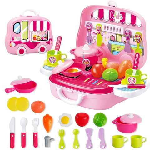 Set Di Giocattoli Da Cucina Valigetta Portatile Design Autobus Gioco Di Ruolo Utensili Da Cucina Cibo Plastica Regalo Educativo Per Bambini