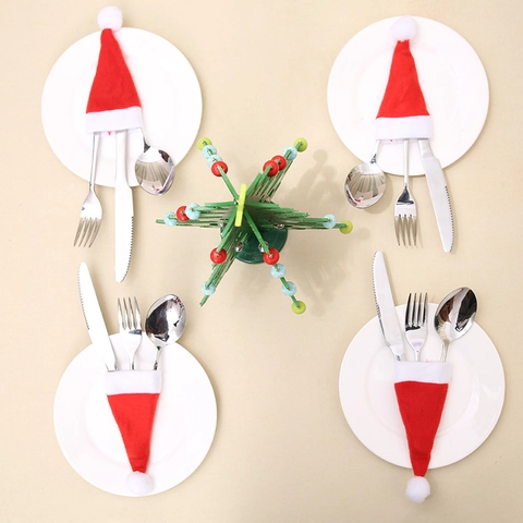 Mini Kerstmuts Bestekhouder Niet-Geweven Stof Bestektas Voor Tafel Decoratie Rood Wit Kerst Feestartikelen