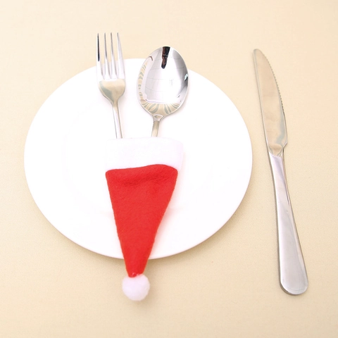 Mini Christmas Hat Cutlery Holder Red White Non Woven Tableware Pockets Christmas Decoration For Holiday Banquet Dining Party Supplies