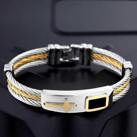 Men's Stainless Steel Cross Bracelet Woven Wire Cable Bangle Religious Fashion Punk Jewelry