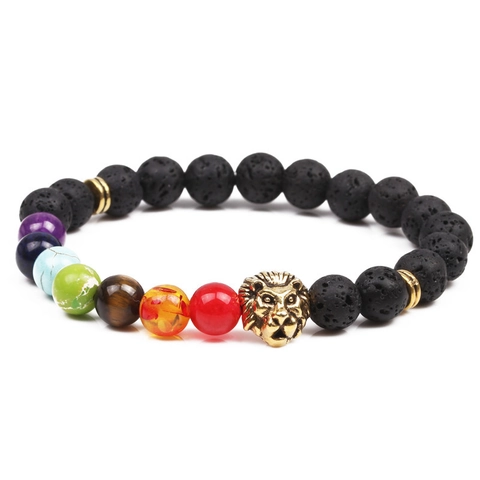 Chakra Healing Lava Rock Bracelet With Gold Lion Head Alloy Charm Elastic Beaded Jewelry For Men Women