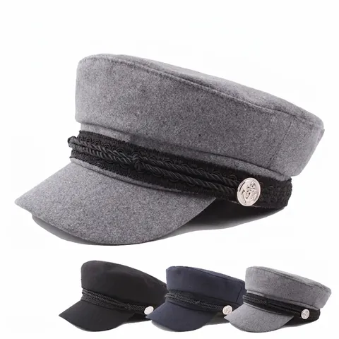 Vintage Woolen Felt Fiddler Cap Retro Baker Boy Hat With Braided Rope Anchor Button Nautical Flat Top Military Style