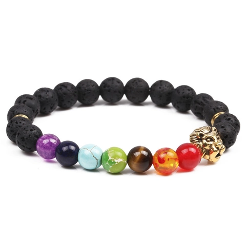 Chakra Healing Lava Rock Bracelet With Gold Lion Head Alloy Charm Elastic Beaded Jewelry For Men Women
