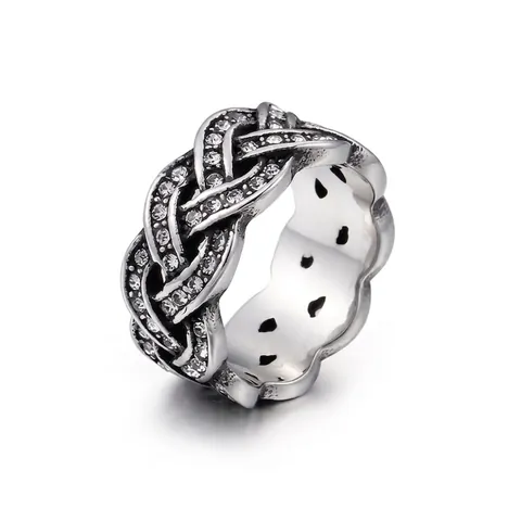 Anillo Trenzado Vintage De Acero Inoxidable Con Micro Pavé De Circonita Estilo Punk Retro Banda Ancha