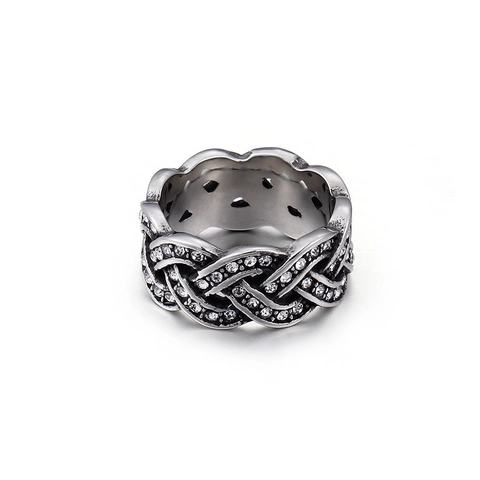 Anillo Trenzado Vintage De Acero Inoxidable Con Micro Pavé De Circonita Estilo Punk Retro Banda Ancha