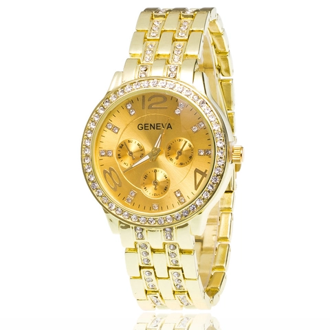 Orologio Geneva con Strass per Donna Uomo Moda Orologio da Polso al Quarzo con Cinturino in Metallo Quadrante Tre Occhi Orologio