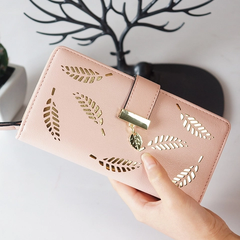 Portafoglio Lungo Donna Pelle PU Design Foglia Cava Grande Capacità Pochette Con Ciondolo Metallo E Fessure Carte