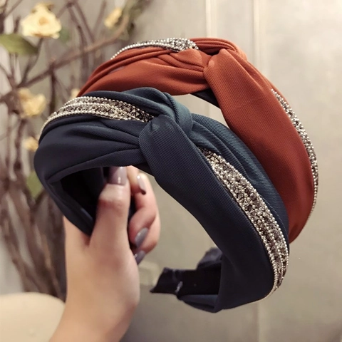 Wide Brim Knot Headband Fabric Rhinestone Korean Style Solid Color Elegant Hair Accessory For Women Girls