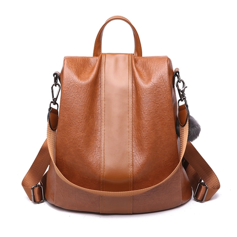 Women Vintage PU Leather Backpack Litchi Pattern Anti Theft Large Capacity Multi Functional Bag With Faux Fur Ball Pendant