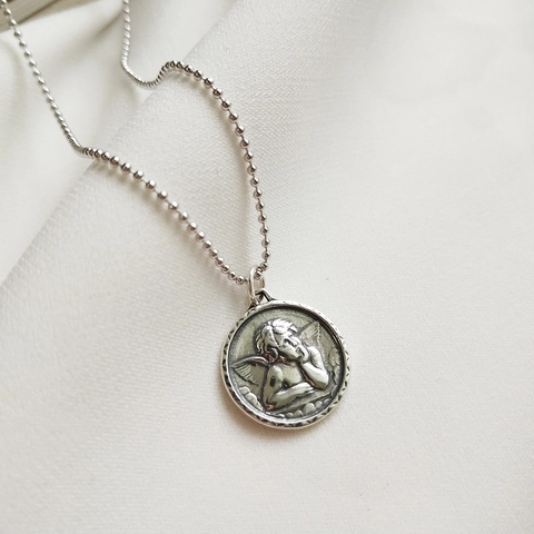 Schutzengel Cherub Anhänger Halskette 925 Sterling Silber Vintage Distressed Rundes Medaillon Schmuck Für Damen