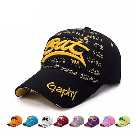Cappello Da Baseball In Cotone Distressed Con Ricamo Lettere 3D Stile Streetwear Hip Hop Regolabile