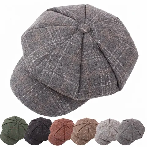 Vintage Geruite Newsboy Cap Voor Heren En Dames Wollen Stof Achthoekige Hoed Britse Retro Stijl Warme Schilderpet