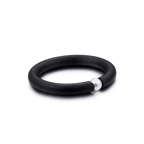Minimalist Black Matte Ring With Single White Artificial Pearl Inlay Stainless Steel Jewelry For Women