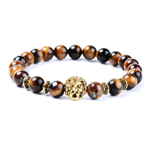 Tiger Eye Stone Beaded Bracelet With Alloy Lion Head Elastic Natural Gemstone Jewelry For Men Women Bohemian Style