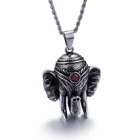 Vintage Olifantskop Hanger Ketting Roestvrij Staal Rode Strass Punk Gotische Dierensieraden Voor Mannen