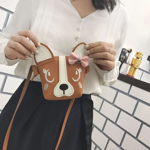 Kids Cartoon Dog Face Crossbody Bag PU Leather Mini Shoulder Purse With Bowknot Embroidery For Toddler Girls