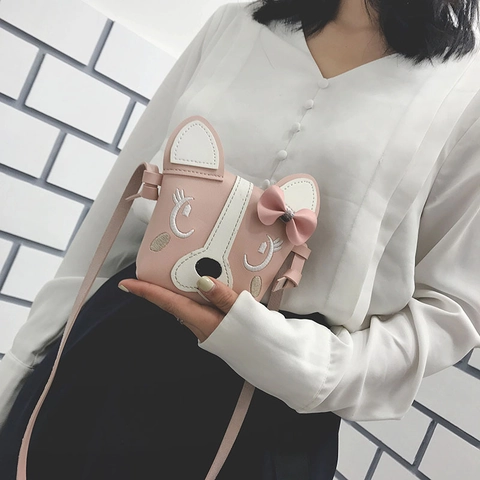 Kids Cartoon Dog Face Crossbody Bag PU Leather Mini Shoulder Purse With Bowknot Embroidery For Toddler Girls