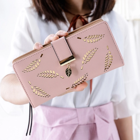 Koreaanse Stijl Lange Dames Portemonnee PU Leer Uitgehold Bladpatroon Multi Kaartsleuven Clutch Met Metalen Bladhanger