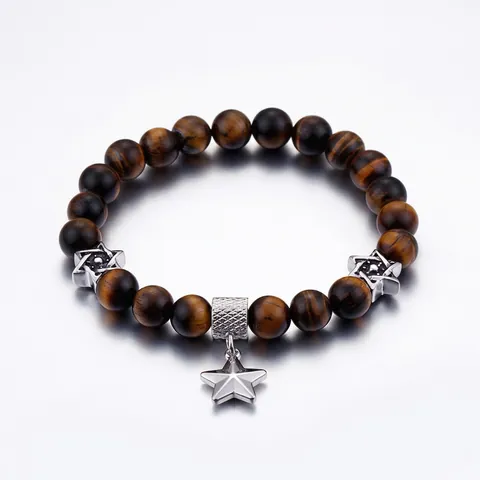 Bracciale Di Perline Occhio Di Tigre In Acciaio Inossidabile Ciondolo Stella Pentagramma Esagramma Stile Etnico Retrò Unisex