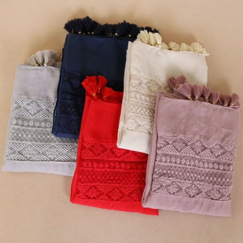 Women Cotton Lace Scarf Hollow Embroidery Tassels Elegant Soft Long Shawl Wrap Pashmina For Winter Autumn