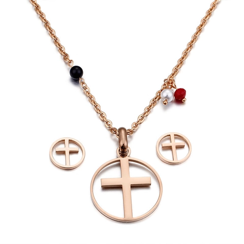 Collana E Orecchini Acciaio Inossidabile Croce Ciondolo Rotondo Cavo Perline Colorate Gioielli Moda