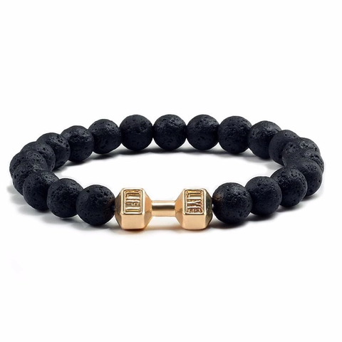 Dumbbell Charm Beaded Bracelet Lava Stone Matte Agate Fitness Gym Yoga Energy Jewelry For Men Unisex Engraved Live Lift