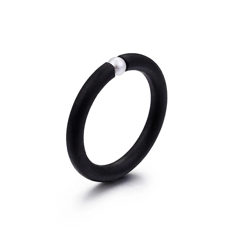 Minimalist Black Matte Ring With Single White Artificial Pearl Inlay Stainless Steel Jewelry For Women