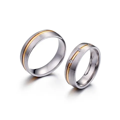 Stainless Steel Ring Zircon Inlaid Two Tone Gold Silver Brushed Finish Fashion Jewelry For Men Women