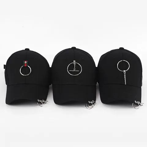 Punk Style Baseball Cap Cotton Fabric With Metal Rings And Pendants Streetwear Adjustable Sun Hat For Men Women