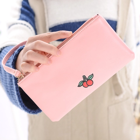 Women Long Wallet PU Leather Fruit Embroidery Clutch Bag Wristlet Zipper Closure Phone Pouch Fresh Style