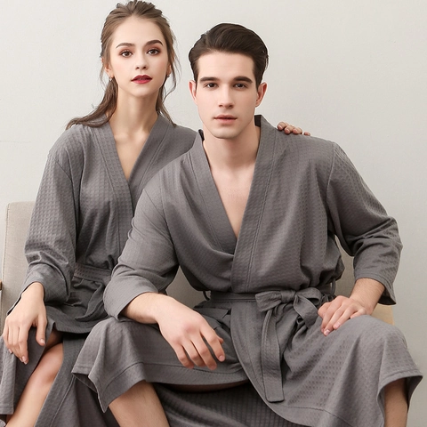 Peignoir Léger en Tissage Gaufre pour Hommes et Femmes Couple Pyjama Fin Polyester Col en V Ceinture à Nouer Vêtements de Détente Robe de Spa
