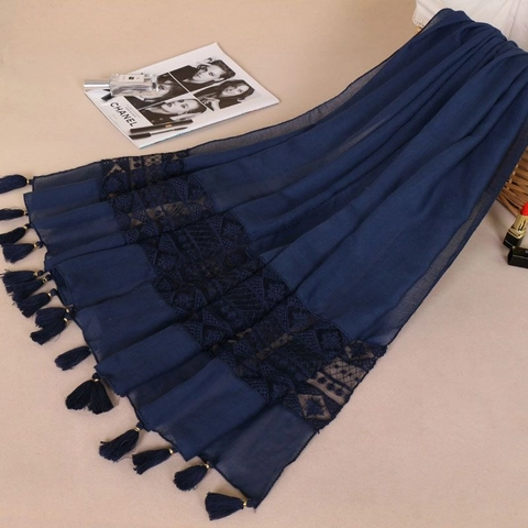 Lungo Sciarpa Scialle Donne Cotone Lino Pizzo Ricamo Nappa Colore Solido Elegante Protezione Solare Leggero Morbido Avvolge