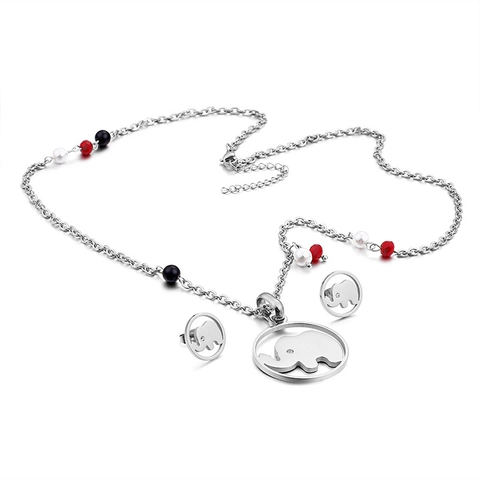 Moda Acero Inoxidable Elefante Recorte Colgante Collar Y Pendientes Con Cuentas Coloridas Ojos Circón Para Mujeres