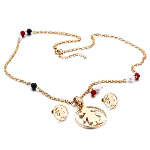 Conjunto De Collar Y Pendientes De Acero Inoxidable Para Mujer Colgante Redondo Silueta De Niña Cadena De Cuentas Coloridas Accesorio De Moda